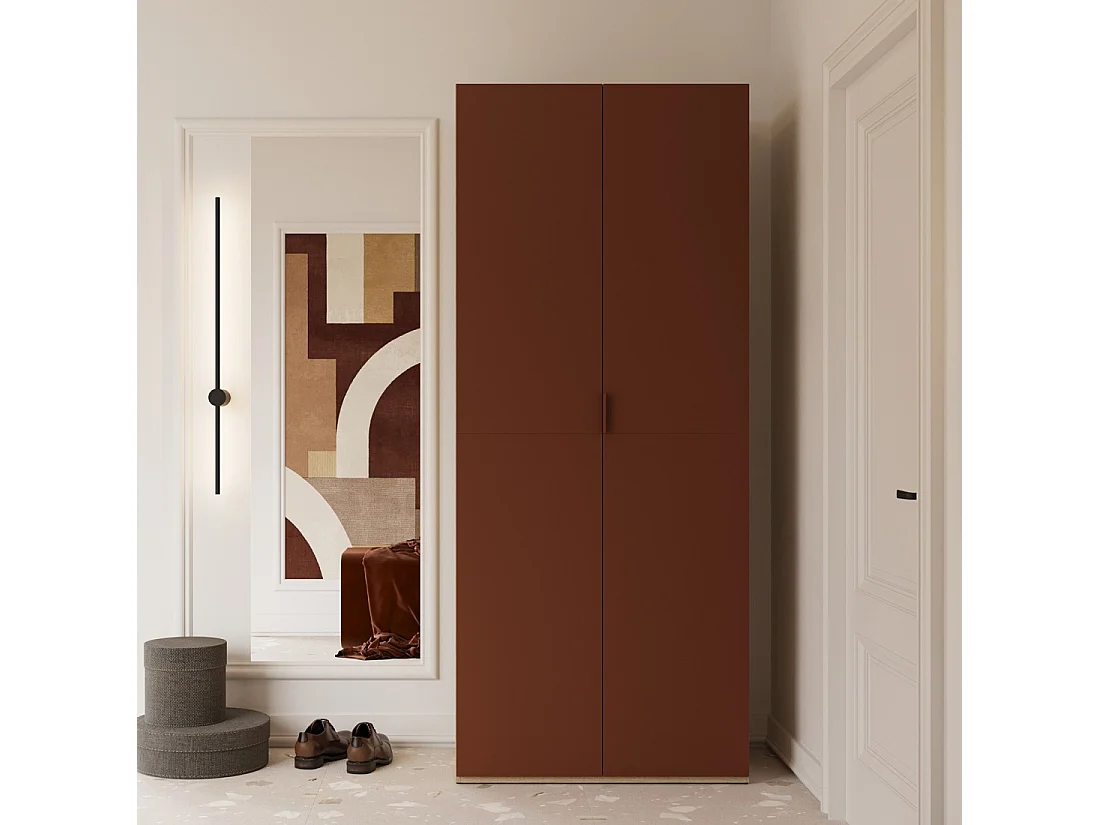 Armoire CALMIA terracotta et chêne clair 90 cm avec penderie et étagères