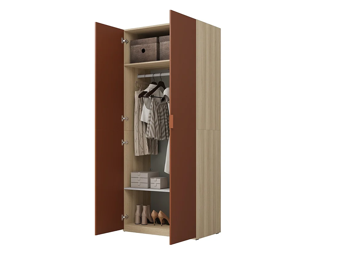 Armoire CALMIA terracotta et chêne clair 90 cm avec penderie et étagères