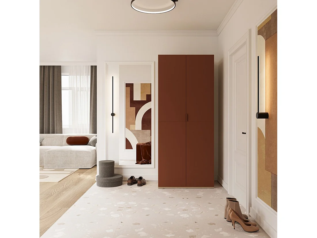 Armoire CALMIA terracotta et chêne clair 90 cm avec penderie et étagères