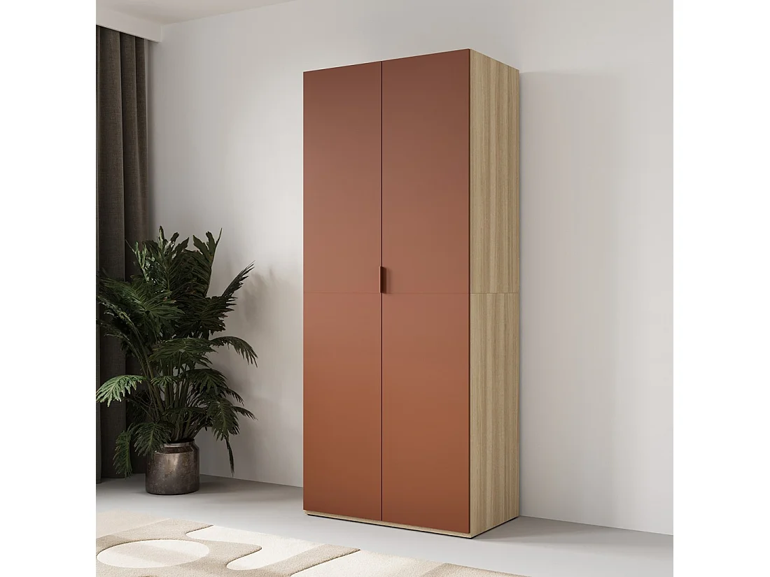 Armoire CALMIA terracotta et chêne clair 90 cm avec penderie et étagères