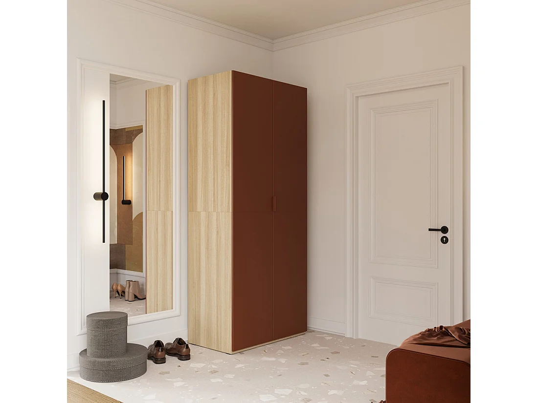 Armoire CALMIA terracotta et chêne clair 90 cm avec penderie et étagères