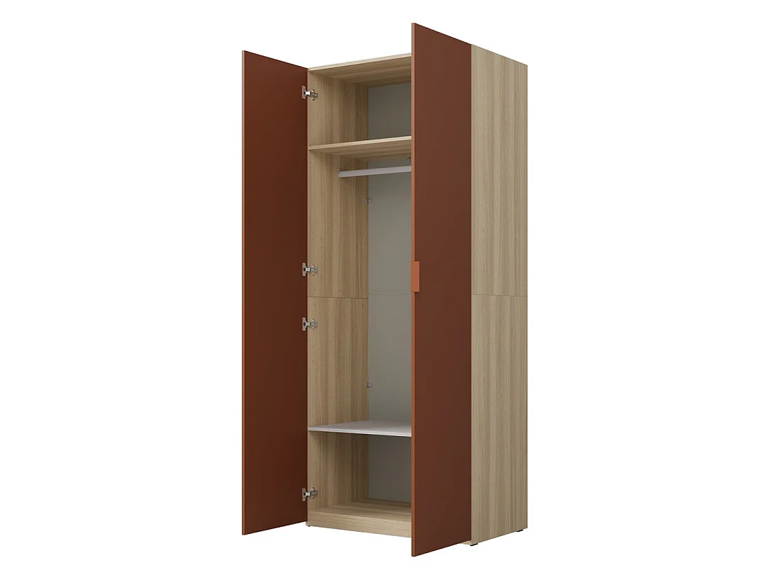Armoire CALMIA terracotta et chêne clair 90 cm avec penderie et étagères