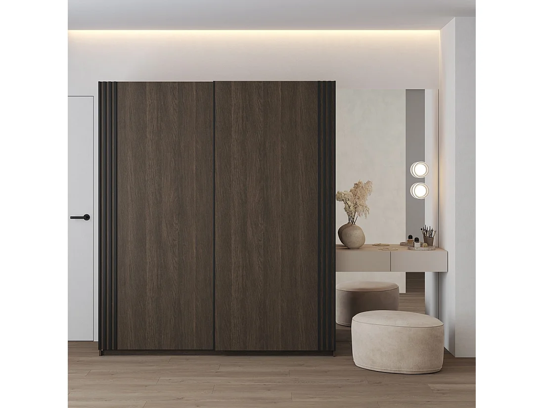 Armoire MONVIA 2 portes coulissantes chêne foncé et noir avec fermeture silencieuse 180 cm