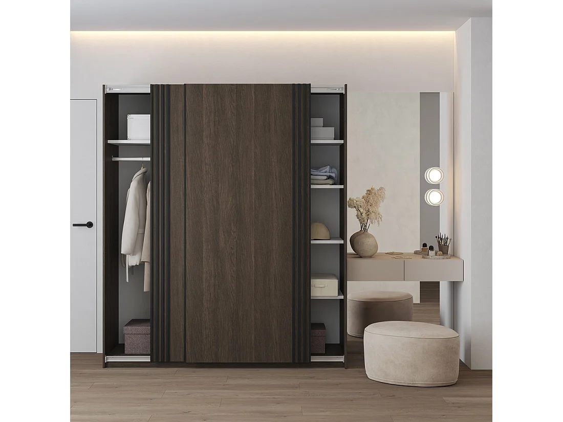 Armoire MONVIA 2 portes coulissantes chêne foncé et noir avec fermeture silencieuse 180 cm