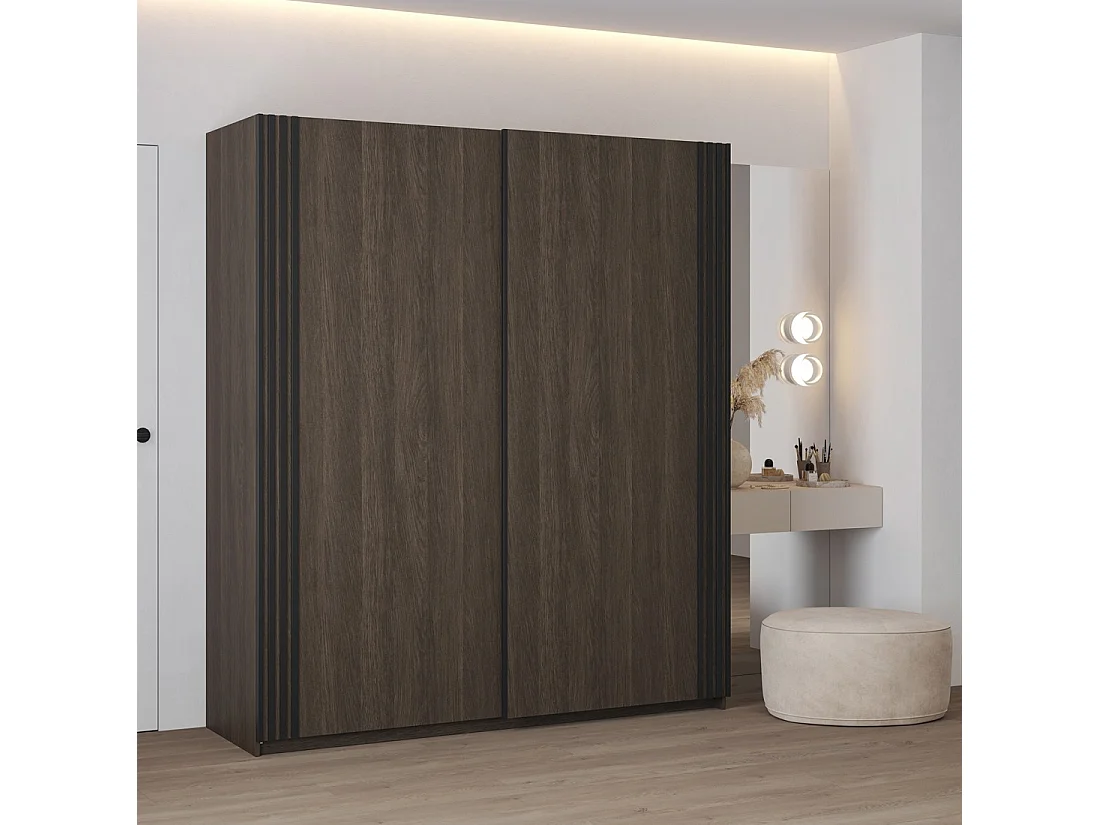 Armoire MONVIA 2 portes coulissantes chêne foncé et noir avec fermeture silencieuse 180 cm