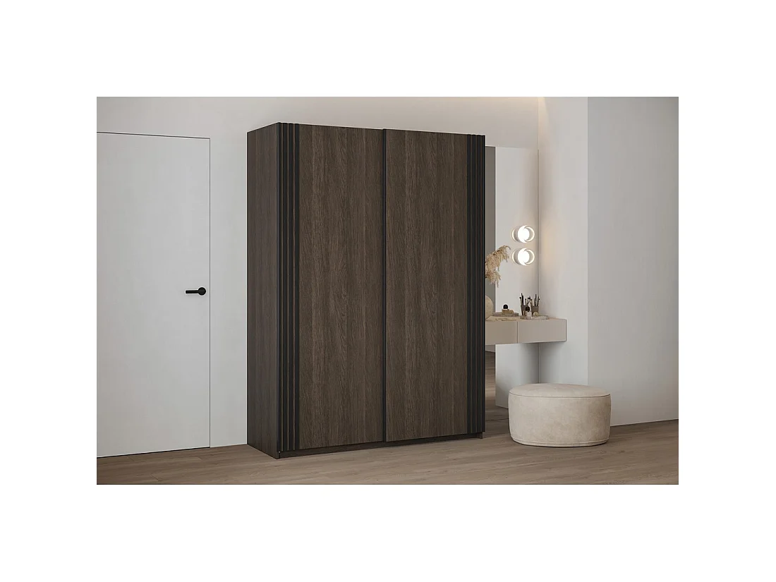 Armoire MONVIA 2 portes coulissantes chêne foncé et noir avec fermeture silencieuse 180 cm