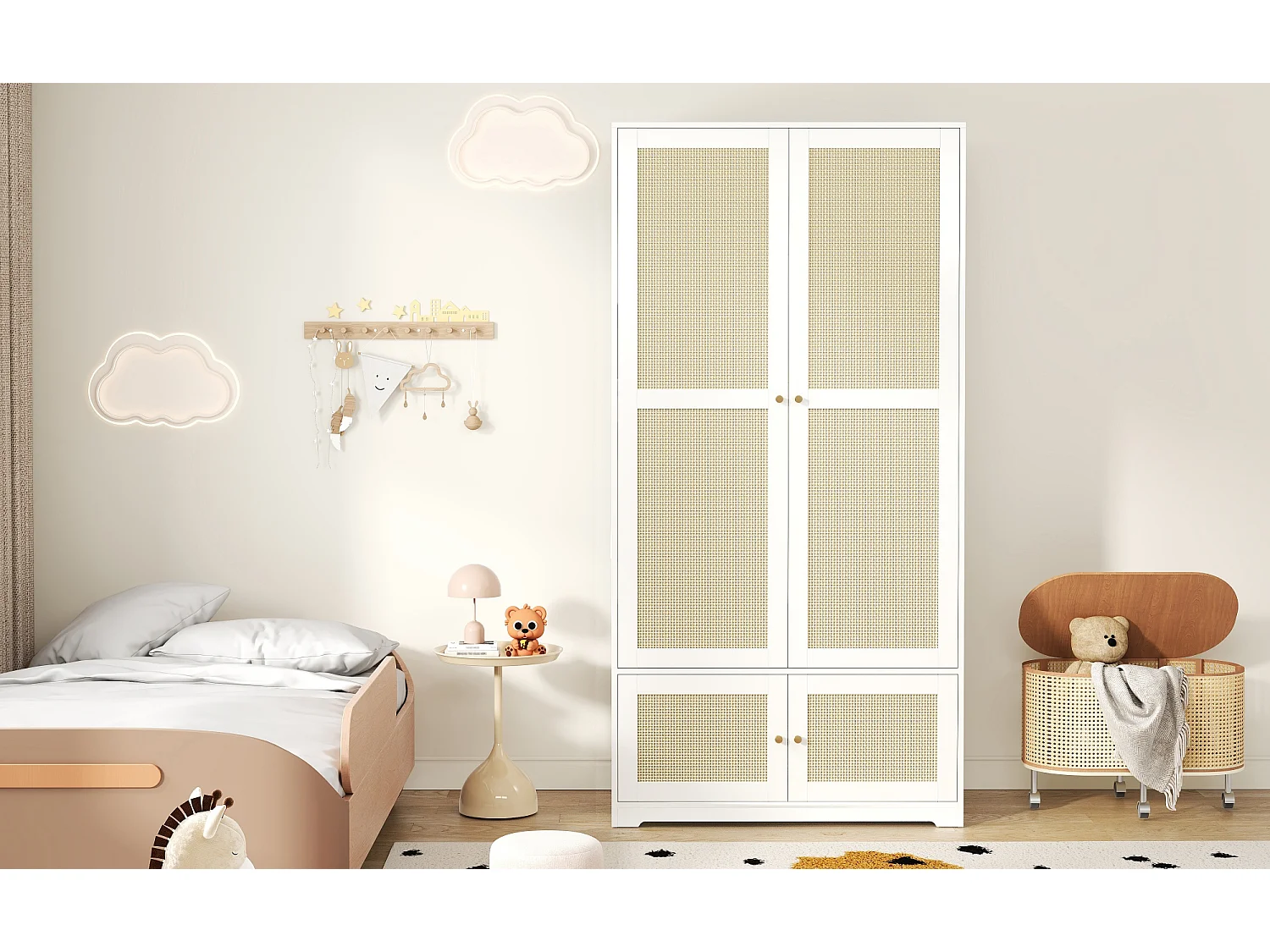 Armoire en rotin avec 4 portes et tringle - Bois en MDF blanc 90 x 48 x 180 cm