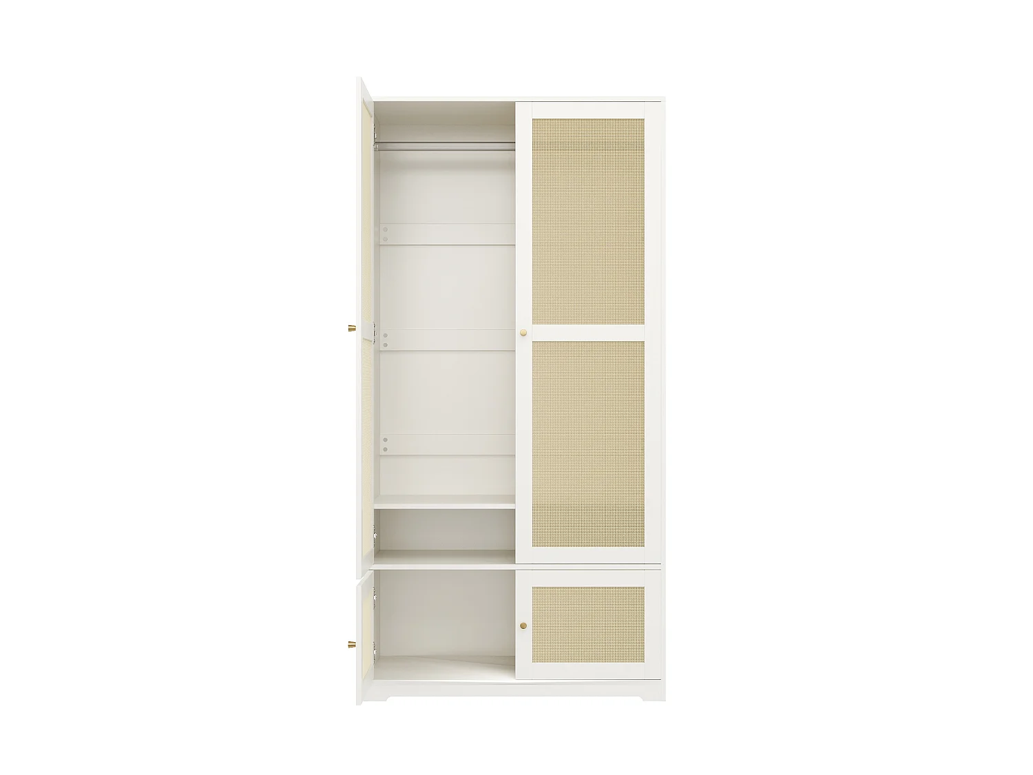 Armoire en rotin avec 4 portes et tringle - Bois en MDF blanc 90 x 48 x 180 cm