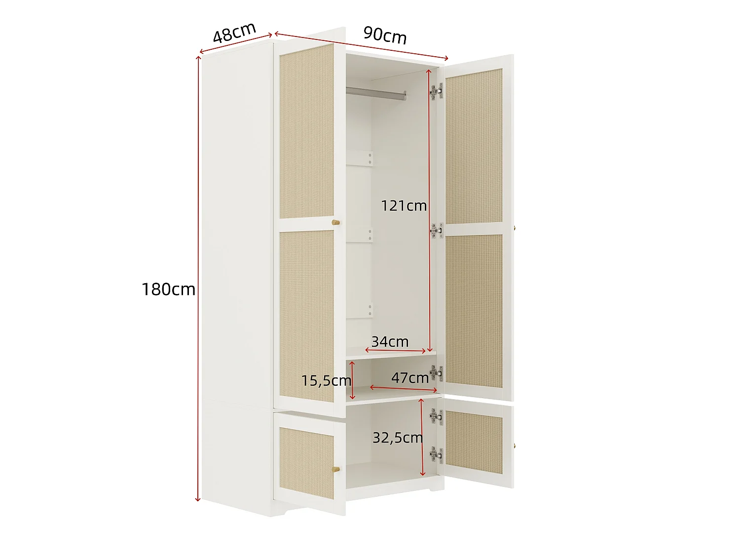 Armoire en rotin avec 4 portes et tringle - Bois en MDF blanc 90 x 48 x 180 cm