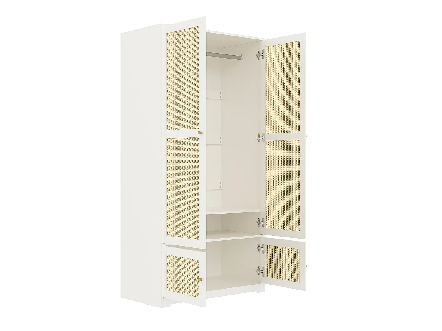 Armoire en rotin avec 4 portes et tringle - Bois en MDF blanc 90 x 48 x 180 cm