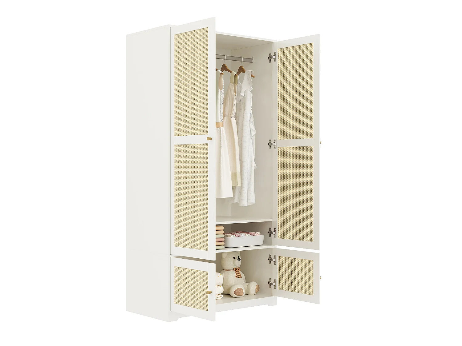 Armoire en rotin avec 4 portes et tringle - Bois en MDF blanc 90 x 48 x 180 cm