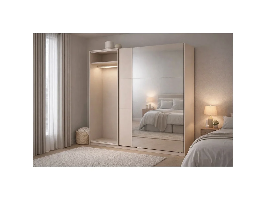 Kledingkast VENEZIA met open LED-dressing en verborgen kasjmier spiegels 221 cm