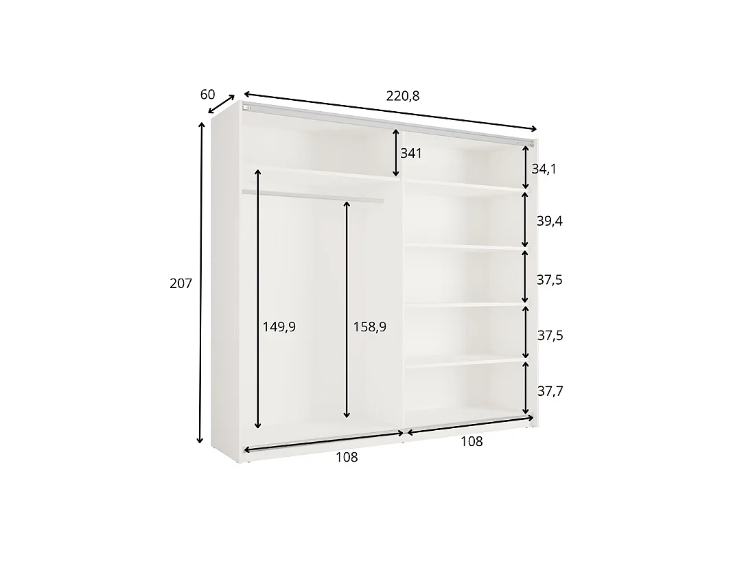 Kledingkast VENEZIA met open LED-dressing en verborgen kasjmier spiegels 221 cm