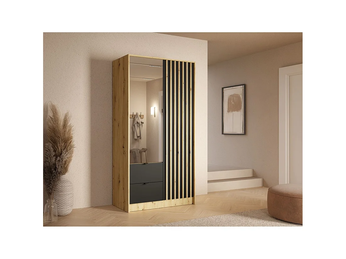 Schrank TORVIK mit 2 Türen, Spiegel, Schubladen und dekorativen Leisten 101 cm