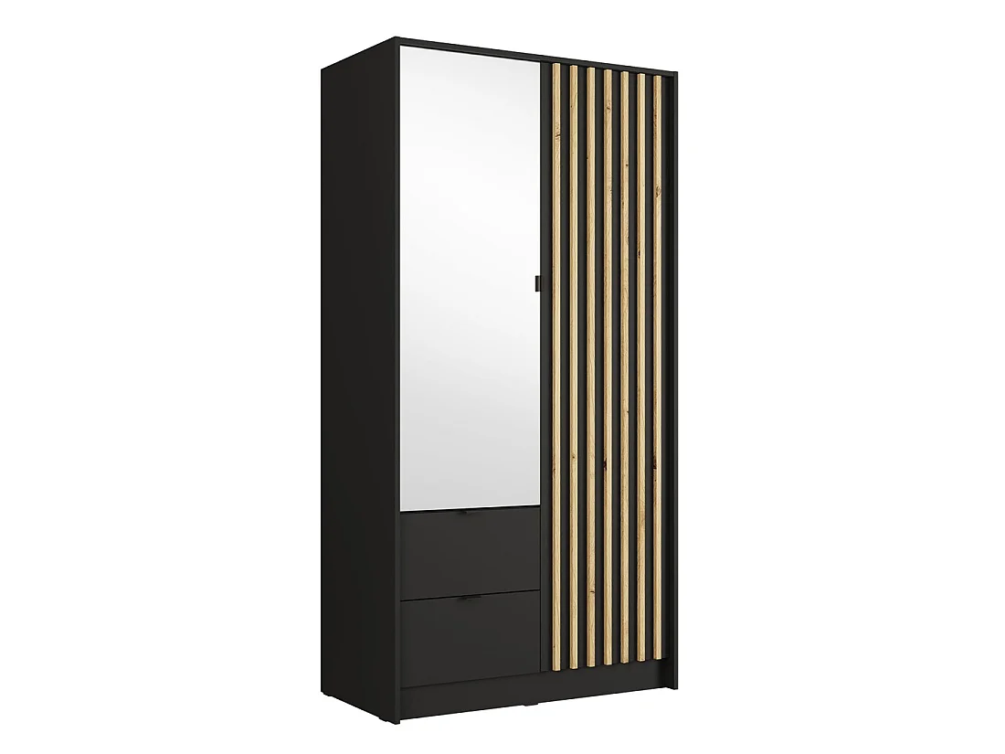 Armario TORVIK de 2 puertas con espejo, cajones y listones negro y roble 101 cm