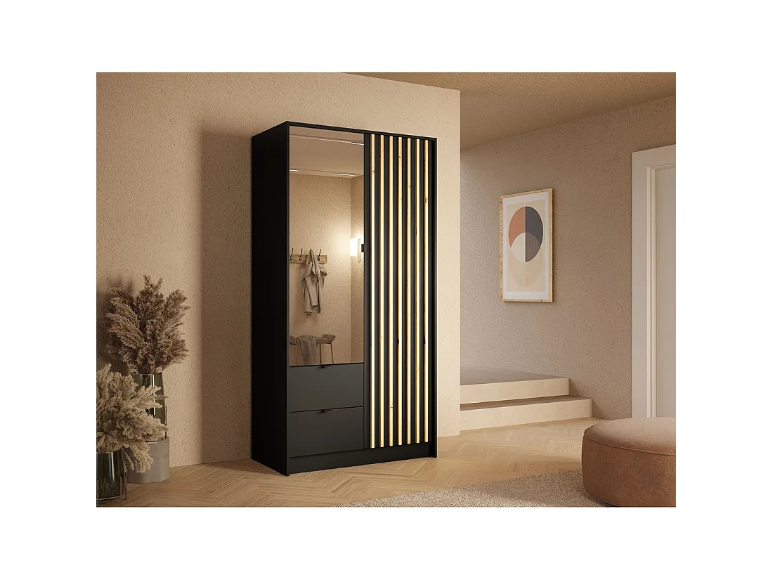 Armario TORVIK de 2 puertas con espejo, cajones y listones negro y roble 101 cm