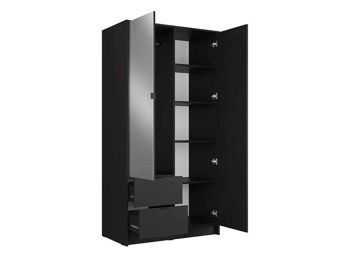 Armario TORVIK de 2 puertas con espejo, cajones y listones negro y roble 101 cm