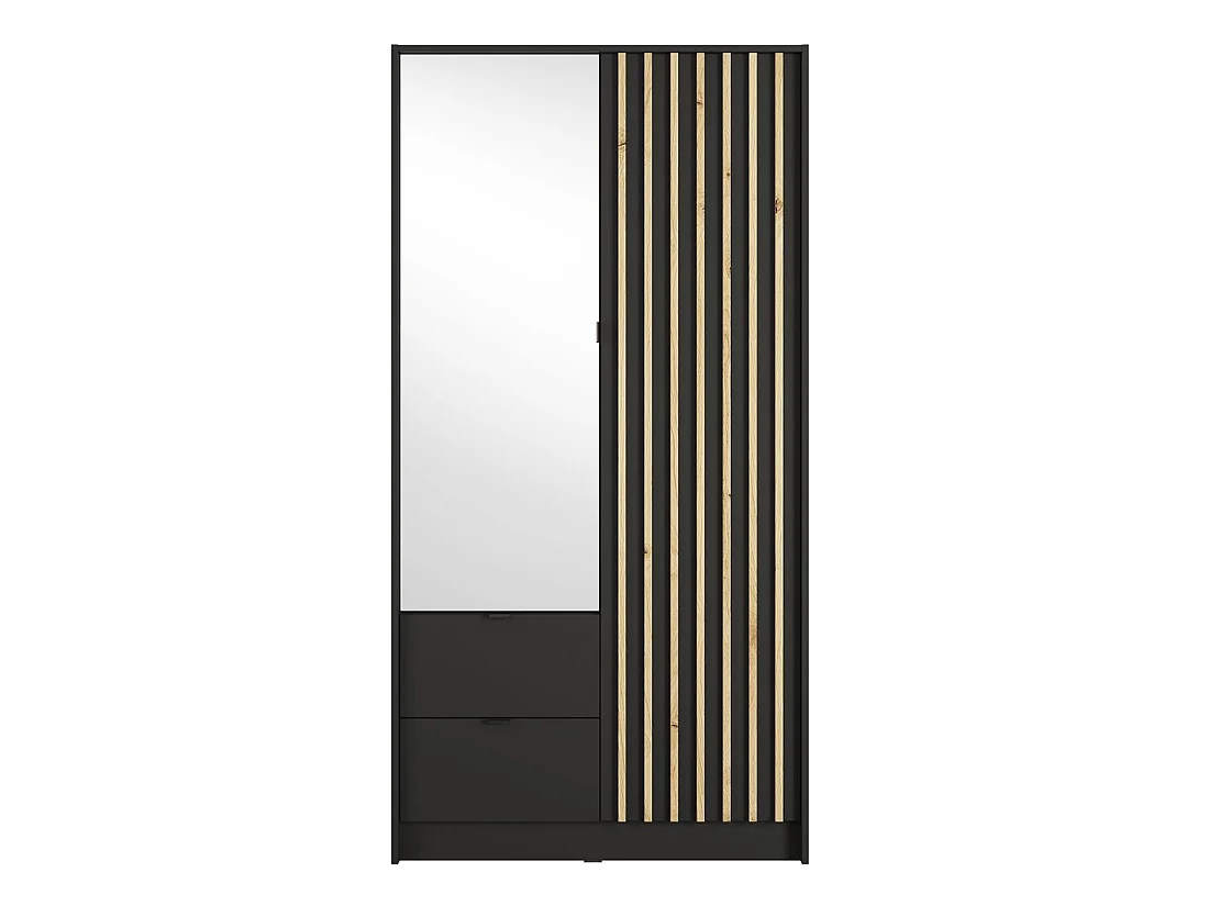 Armario TORVIK de 2 puertas con espejo, cajones y listones negro y roble 101 cm