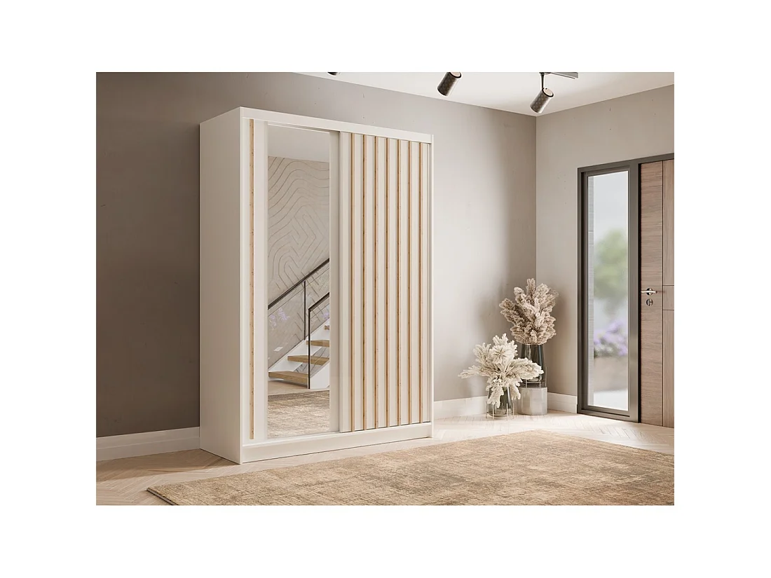 Armoire KAZU 2 portes coulissantes avec miroir et tasseaux décoratifs 155 cm