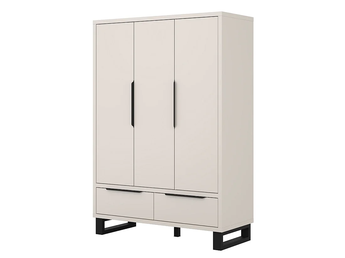 Armoire MILOS 3 portes cachemire avec 2 tiroirs et poignées métal 145 cm