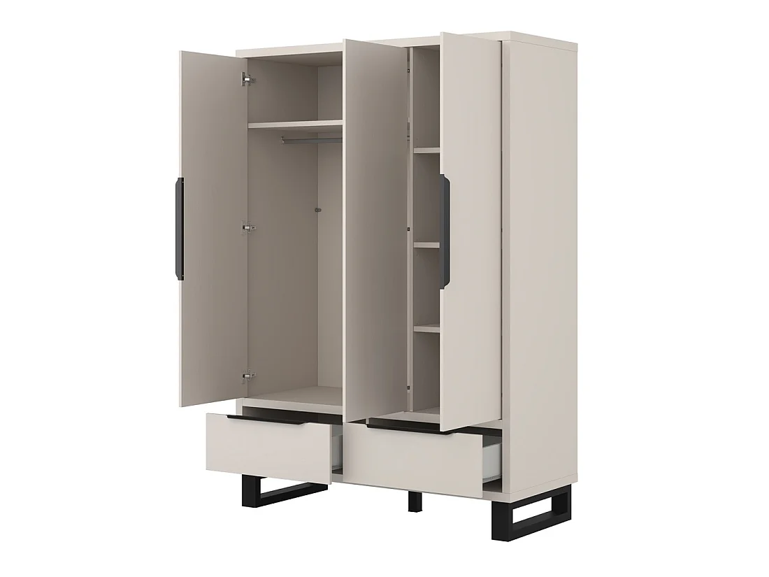 Armoire MILOS 3 portes cachemire avec 2 tiroirs et poignées métal 145 cm