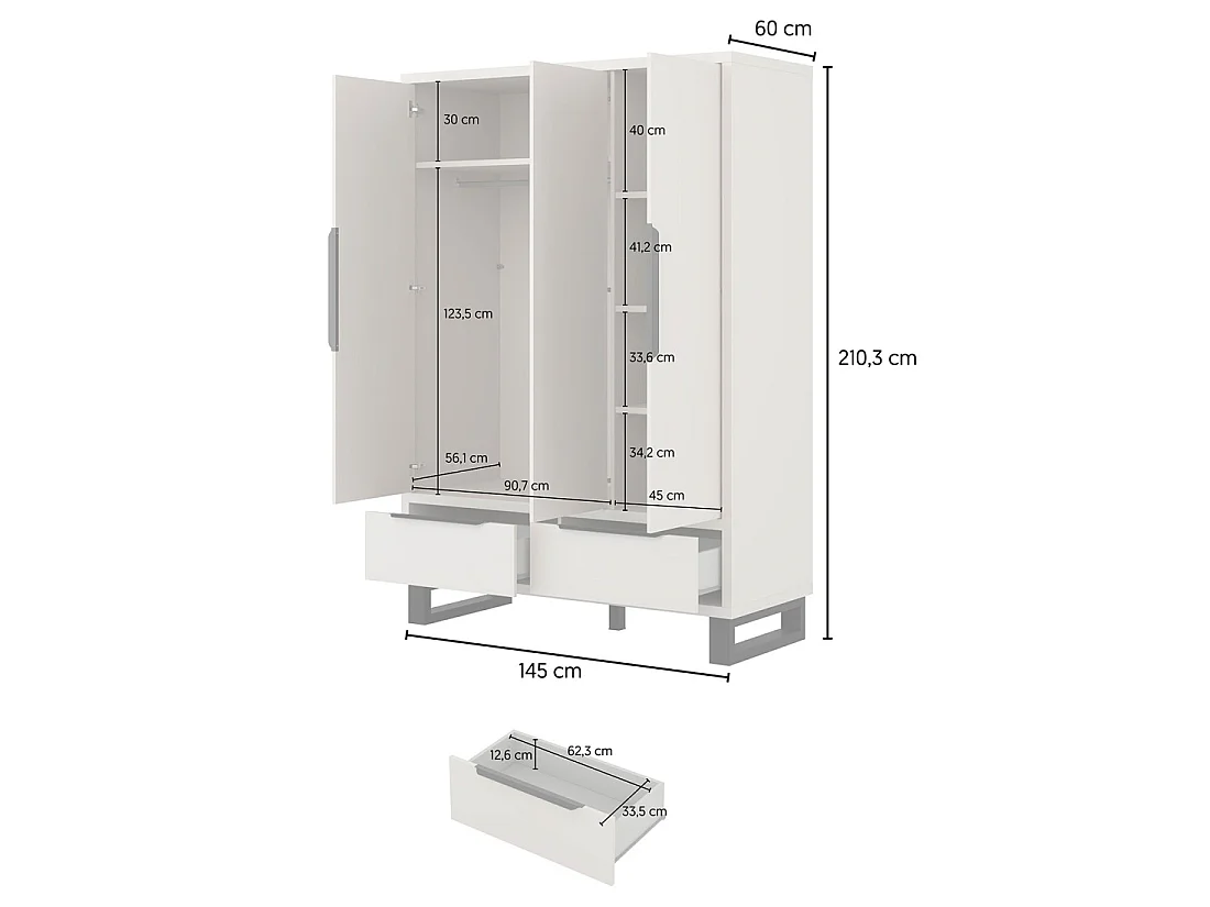 Armoire MILOS 3 portes cachemire avec 2 tiroirs et poignées métal 145 cm