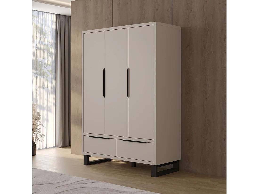 Armoire MILOS 3 portes cachemire avec 2 tiroirs et poignées métal 145 cm