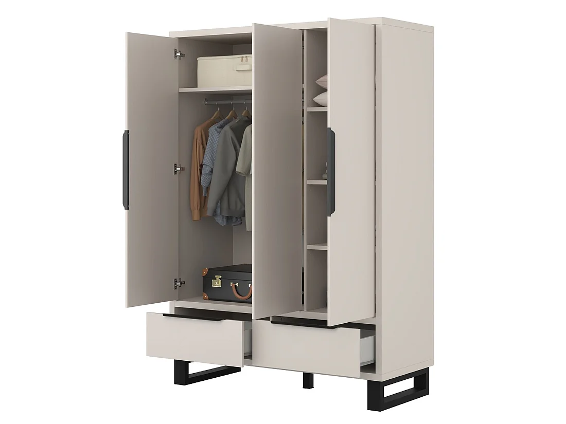 Armoire MILOS 3 portes cachemire avec 2 tiroirs et poignées métal 145 cm