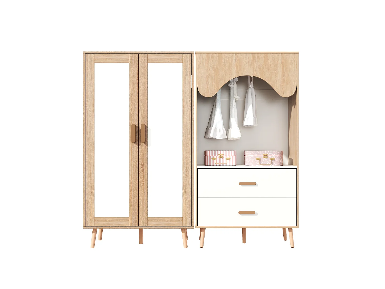 Kinder-Schrankset - 2-Türenschrank + offener Schrank - mit Kleiderstangen und Schubladen - Holzoptik-Finish - Natur und Weiß