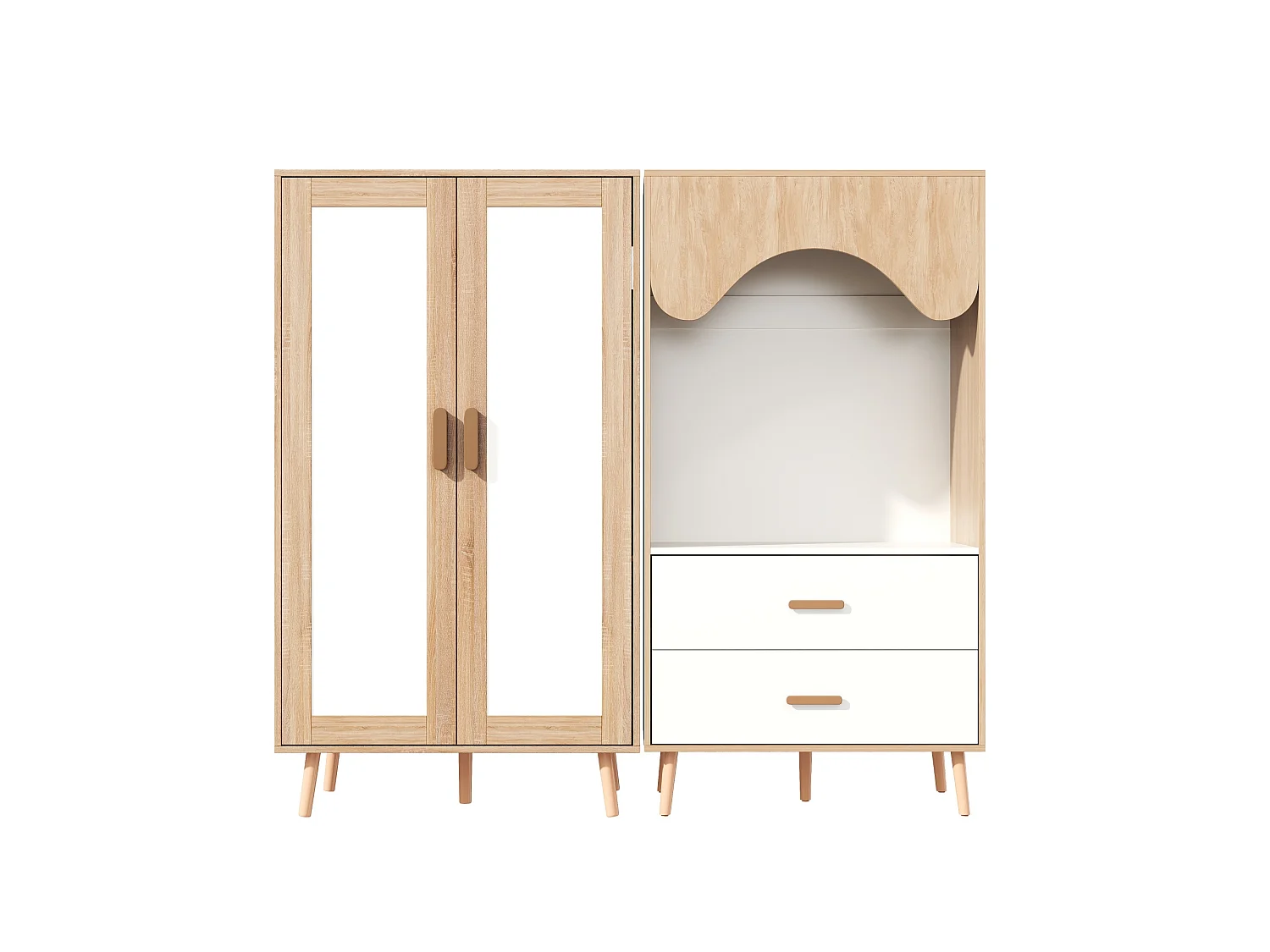 Kinder-Schrankset - 2-Türenschrank + offener Schrank - mit Kleiderstangen und Schubladen - Holzoptik-Finish - Natur und Weiß