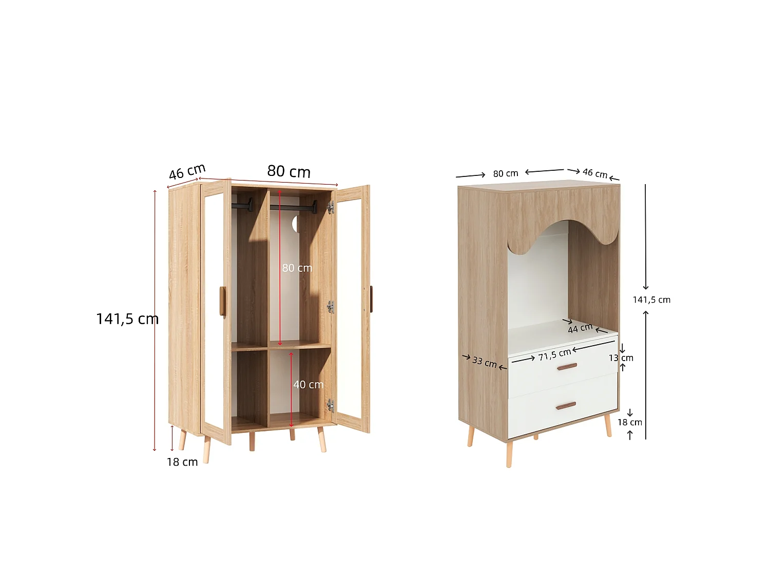 Kinder-Schrankset - 2-Türenschrank + offener Schrank - mit Kleiderstangen und Schubladen - Holzoptik-Finish - Natur und Weiß