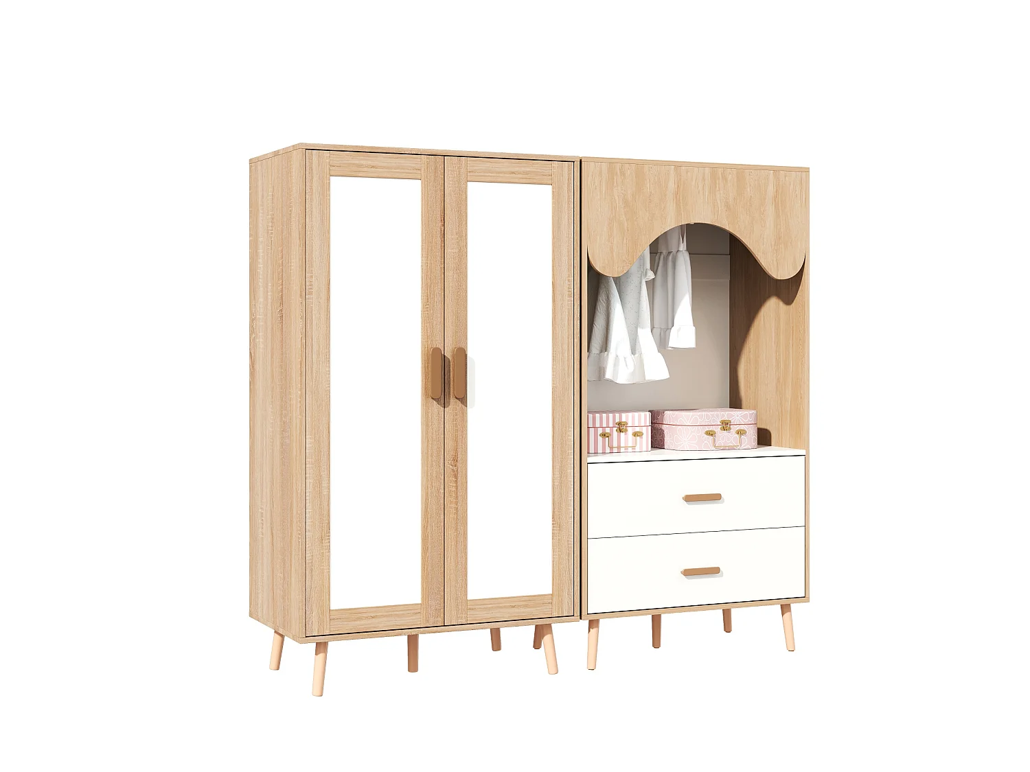 Kinder-Schrankset - 2-Türenschrank + offener Schrank - mit Kleiderstangen und Schubladen - Holzoptik-Finish - Natur und Weiß