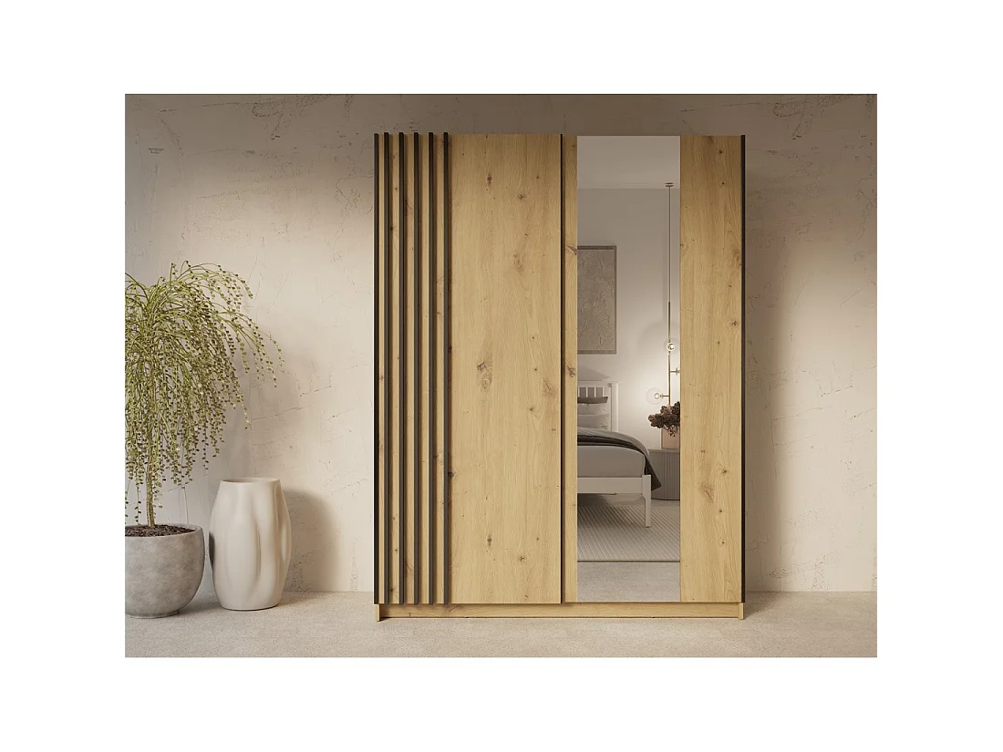 Schrank VARIA mit 2 Schiebetüren und Spiegel in Eiche und Schwarz 150 cm
