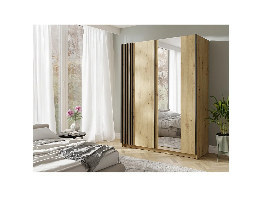 Schrank VARIA mit 2 Schiebetüren und Spiegel in Eiche und Schwarz 150 cm