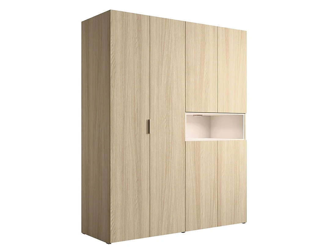 Armoire KAORI 5 portes avec niche LED chêne clair et beige 202 cm