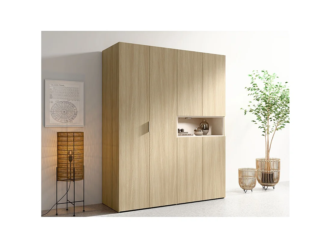 Armoire KAORI 5 portes avec niche LED chêne clair et beige 202 cm