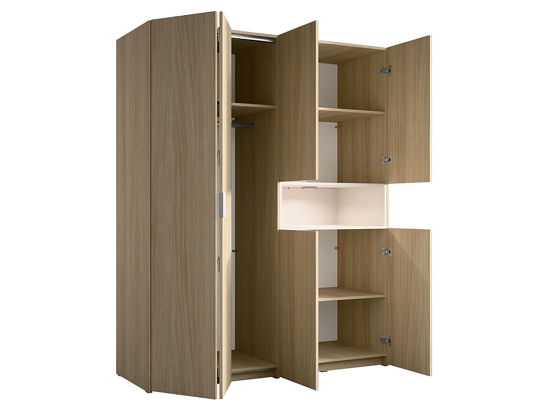 Armoire KAORI 5 portes avec niche LED chêne clair et beige 202 cm