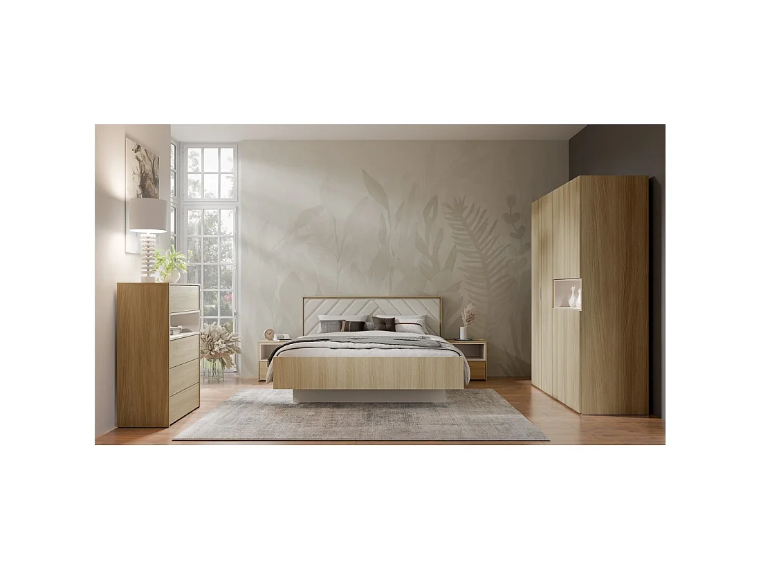 Armoire KAORI 5 portes avec niche LED chêne clair et beige 202 cm
