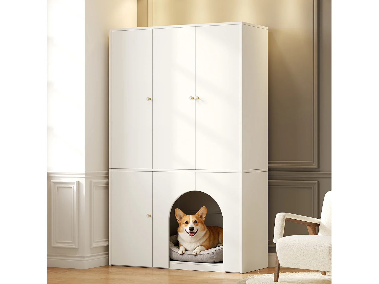 3-türiger Kleiderschrank 120x50x200 cm - mit Kleiderbügel- und Aufbewahrungsfächern - Platz für Haustiere - Weiß