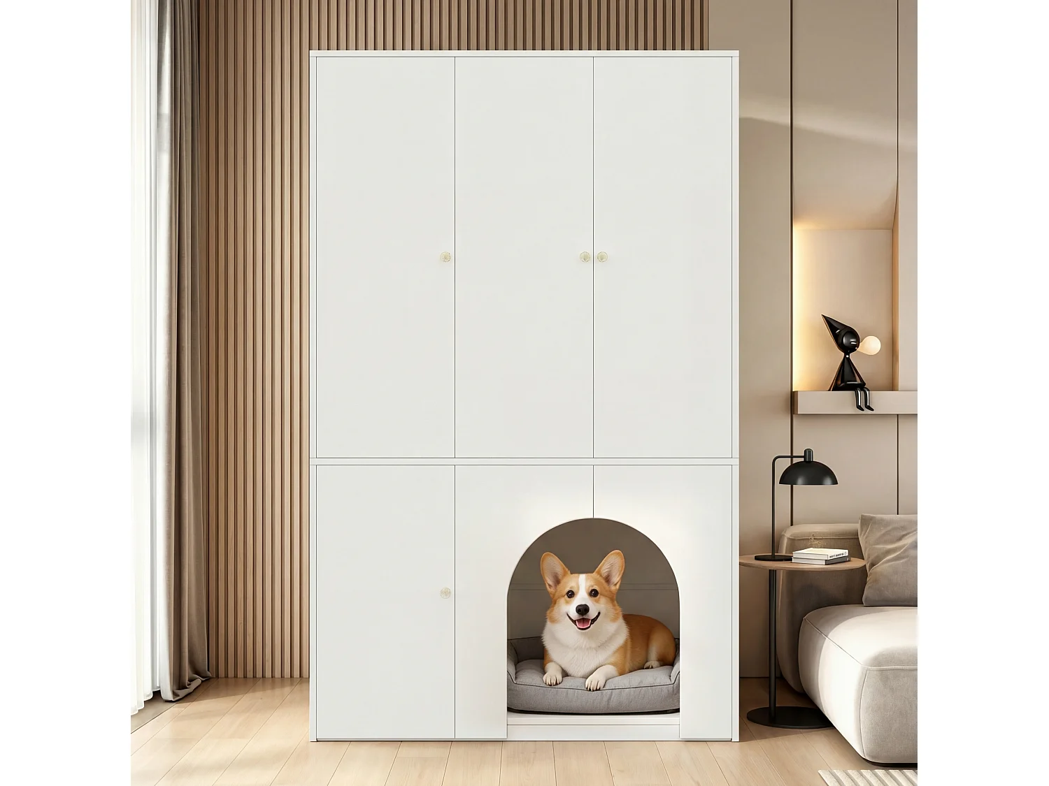 3-türiger Kleiderschrank 120x50x200 cm - mit Kleiderbügel- und Aufbewahrungsfächern - Platz für Haustiere - Weiß