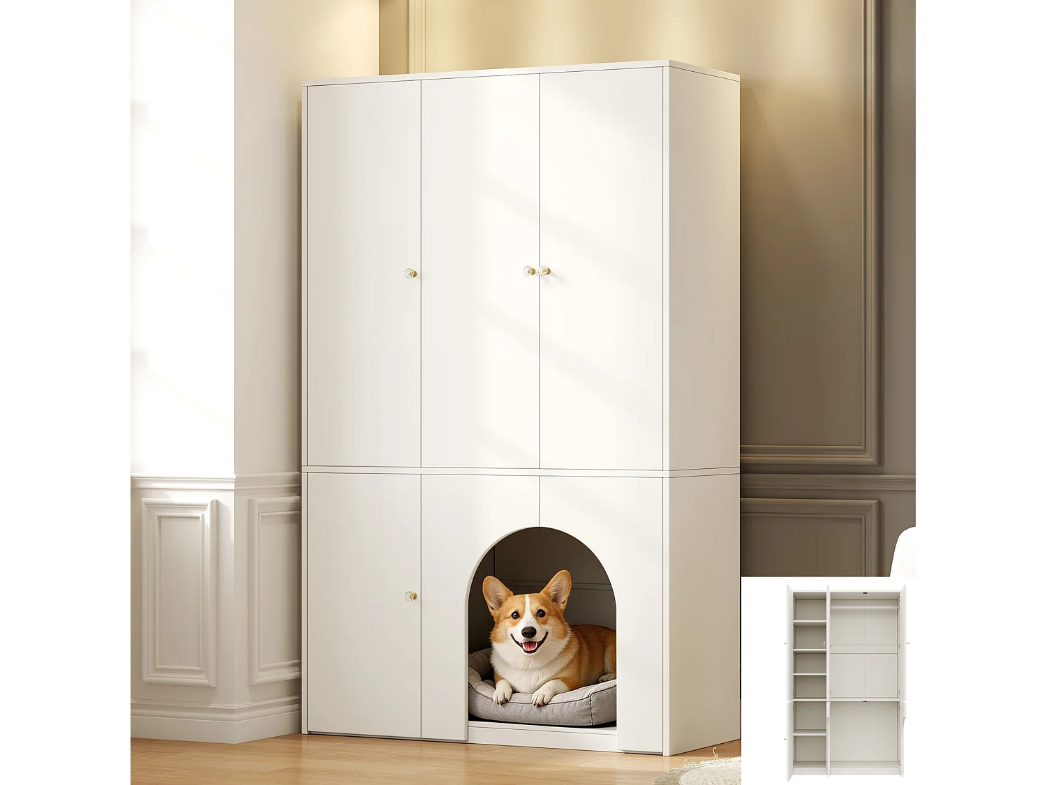 3-türiger Kleiderschrank 120x50x200 cm - mit Kleiderbügel- und Aufbewahrungsfächern - Platz für Haustiere - Weiß