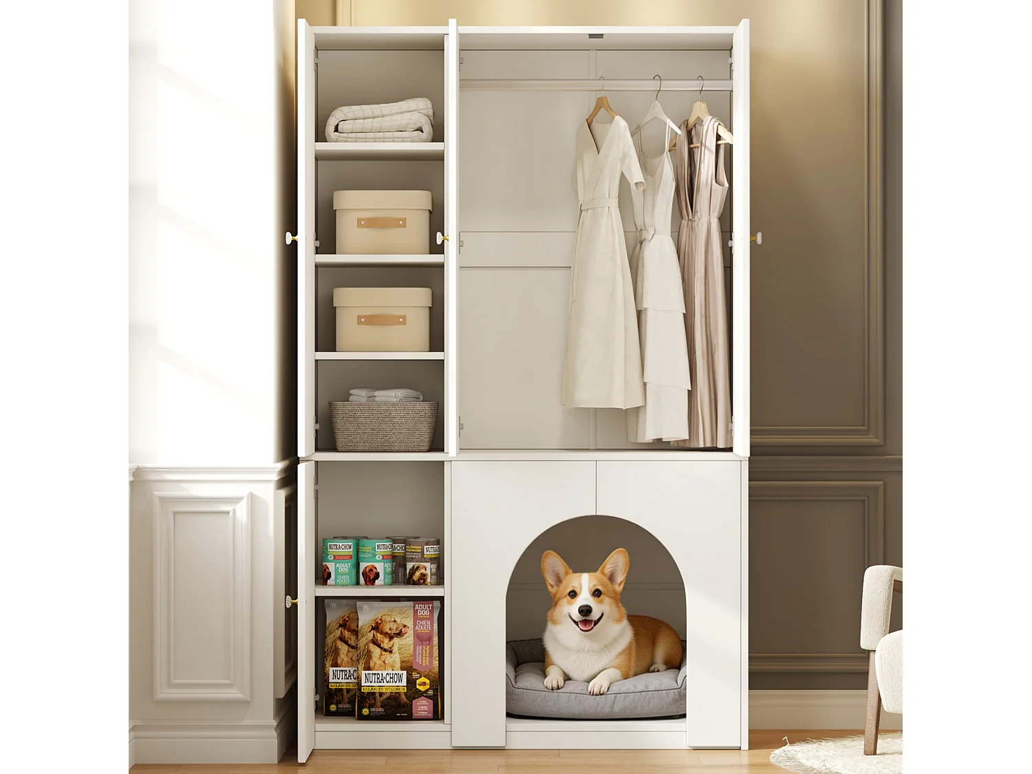3-türiger Kleiderschrank 120x50x200 cm - mit Kleiderbügel- und Aufbewahrungsfächern - Platz für Haustiere - Weiß