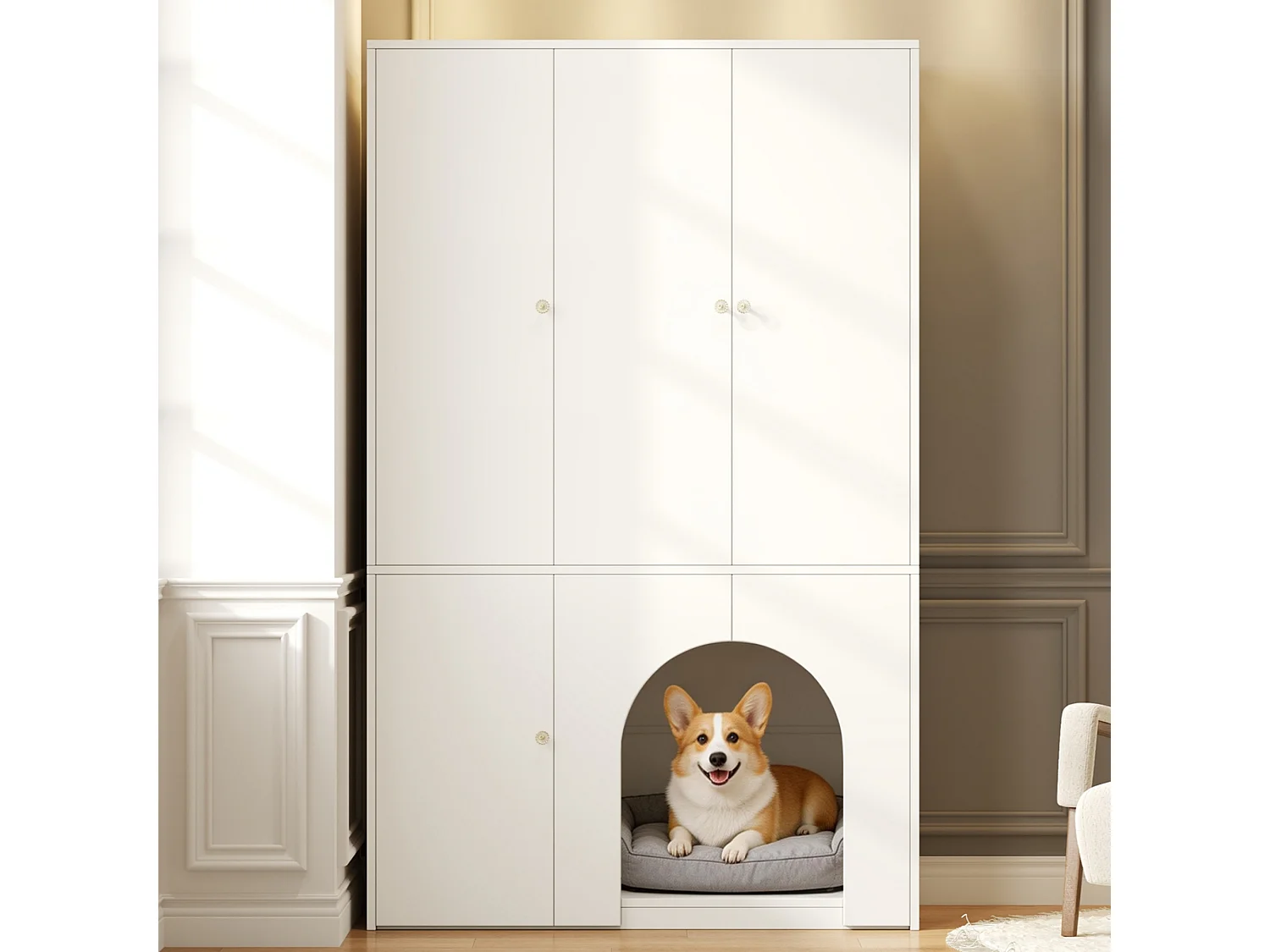 3-türiger Kleiderschrank 120x50x200 cm - mit Kleiderbügel- und Aufbewahrungsfächern - Platz für Haustiere - Weiß