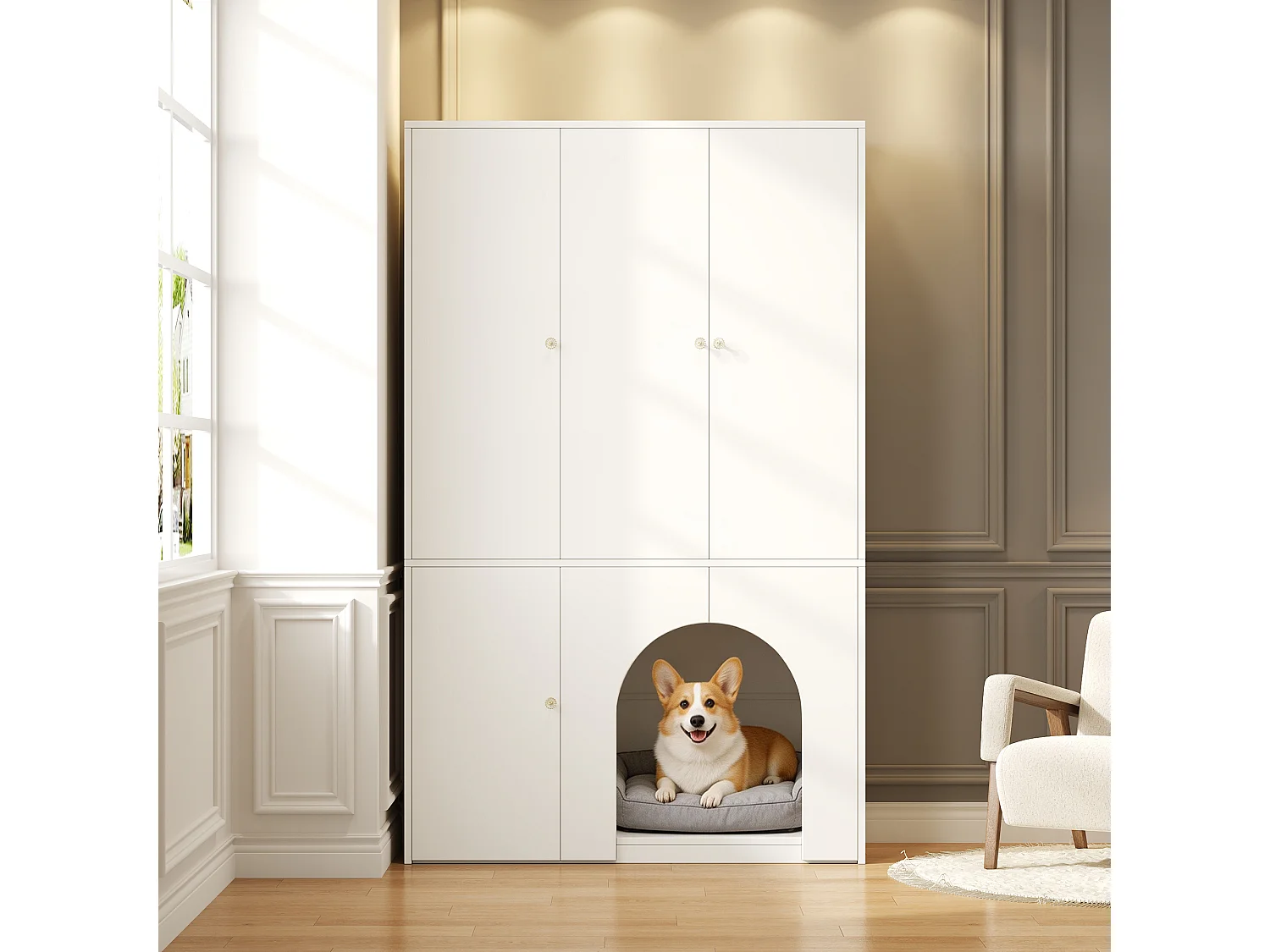 3-türiger Kleiderschrank 120x50x200 cm - mit Kleiderbügel- und Aufbewahrungsfächern - Platz für Haustiere - Weiß