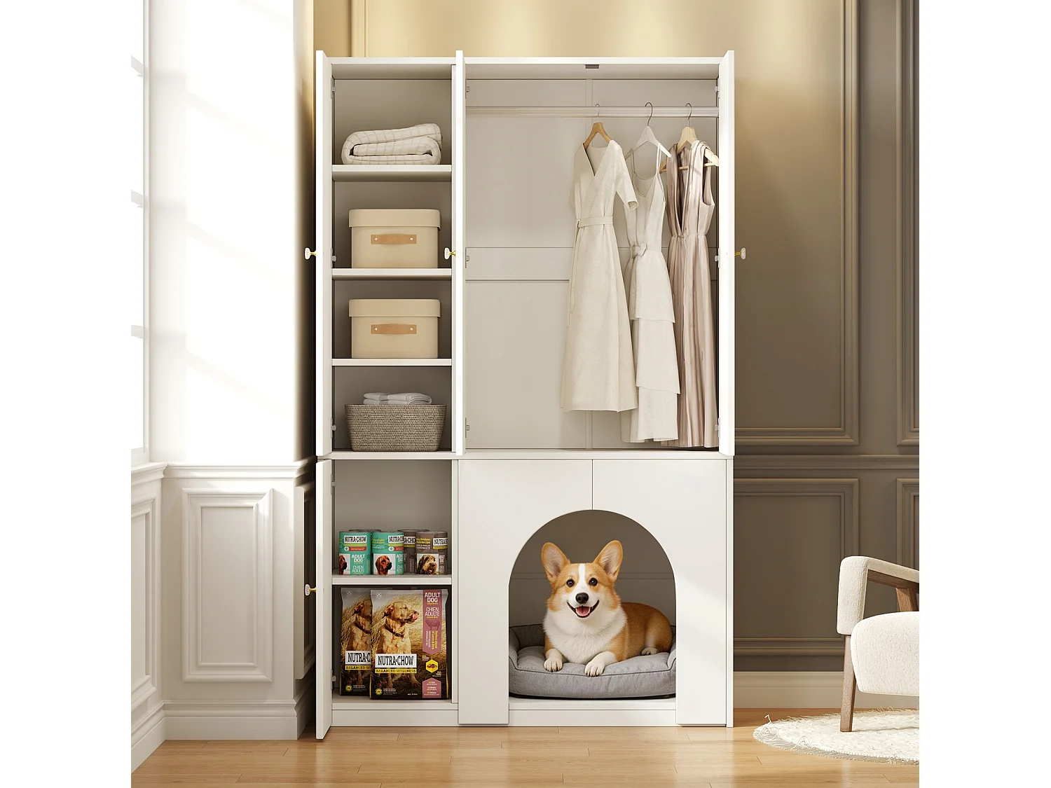 3-türiger Kleiderschrank 120x50x200 cm - mit Kleiderbügel- und Aufbewahrungsfächern - Platz für Haustiere - Weiß