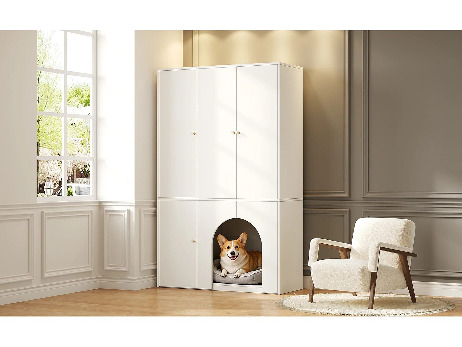 3-türiger Kleiderschrank 120x50x200 cm - mit Kleiderbügel- und Aufbewahrungsfächern - Platz für Haustiere - Weiß