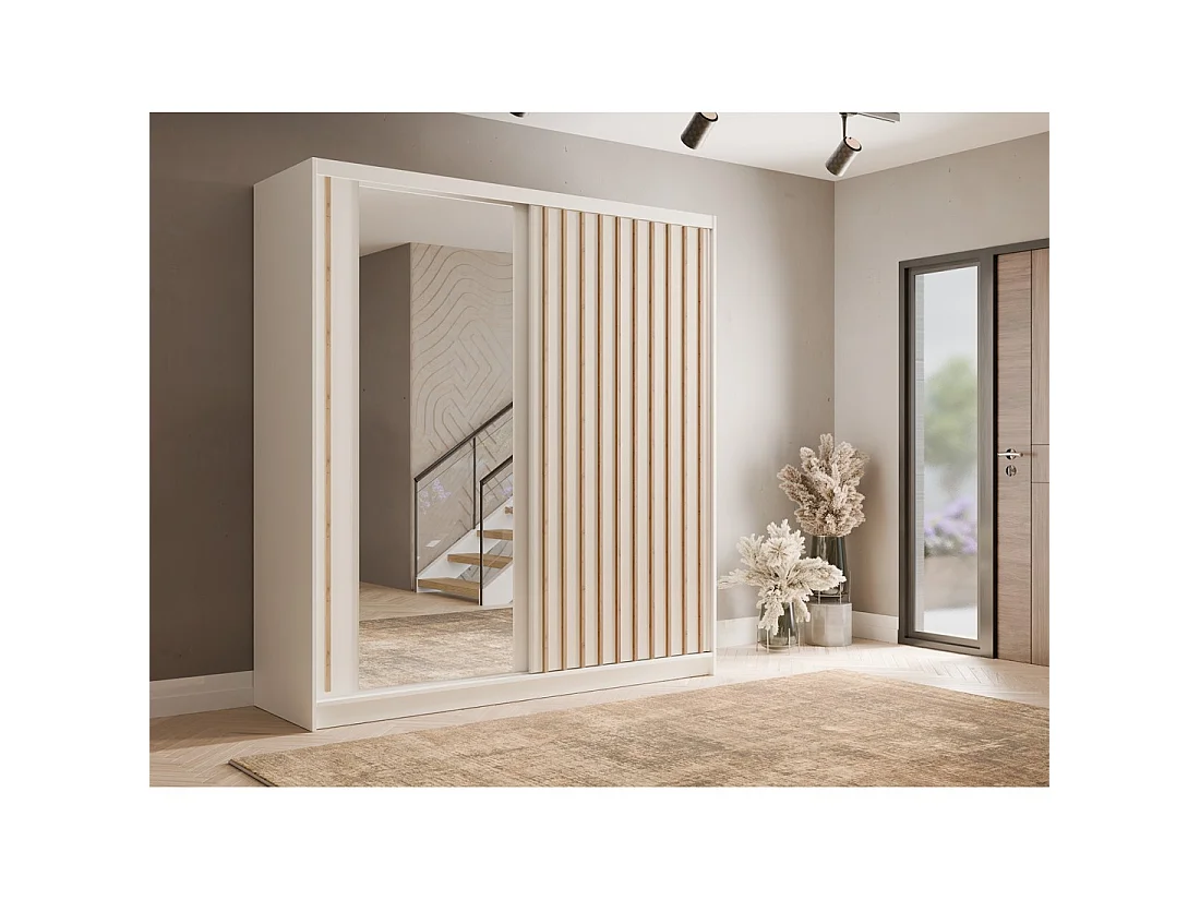 Armoire KAZU 2 portes coulissantes avec miroir et tasseaux décoratifs 205 cm
