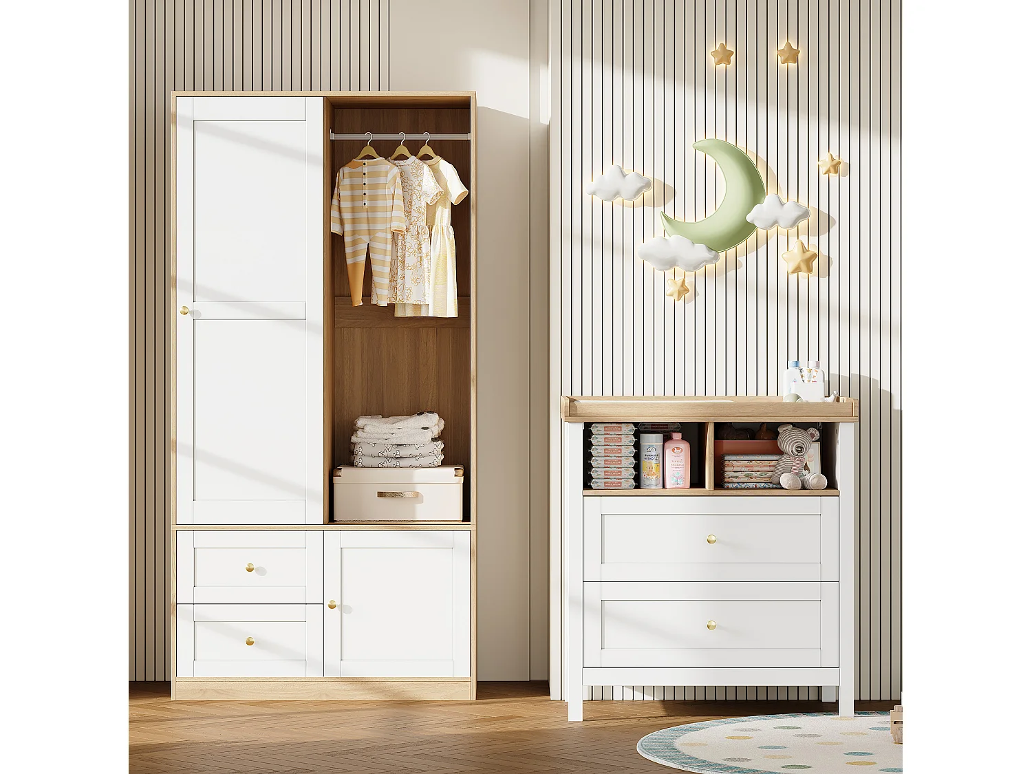Ensemble mobilier bébé - armoire + table à langer - portes coulissantes - garde-corps amovible - MDF - Blanc + Naturel