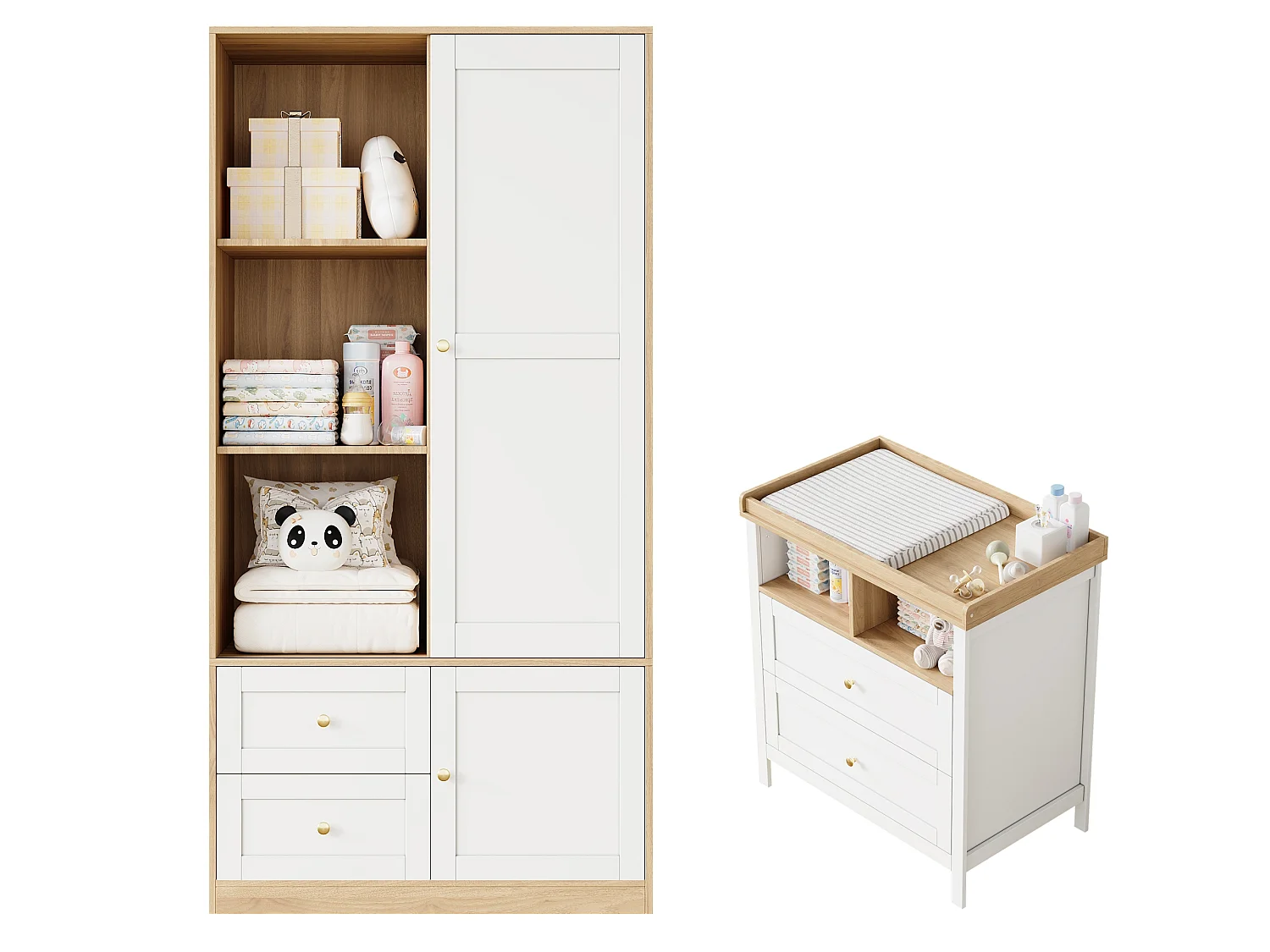 Ensemble mobilier bébé - armoire + table à langer - portes coulissantes - garde-corps amovible - MDF - Blanc + Naturel