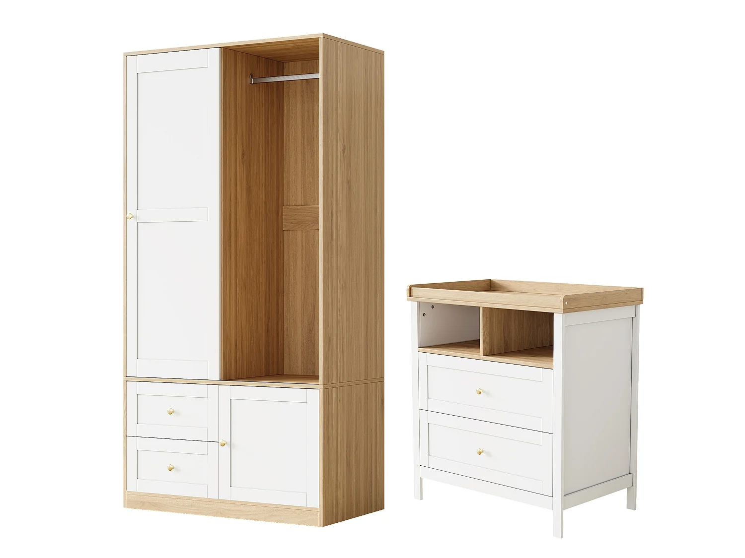 Ensemble mobilier bébé - armoire + table à langer - portes coulissantes - garde-corps amovible - MDF - Blanc + Naturel